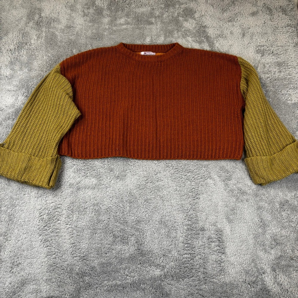 Lalavon Colorblock Cropped Sweater Rust Orange Olive Green Ribbed Knit ILT1368 S